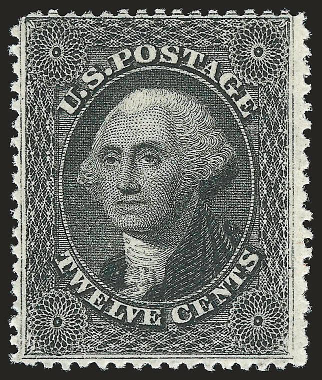 12c Black, Plate 3 (36b). Mint N.H.,> intense shade and impression which stands out nicely from its bright paper, unusually wide margins at sides<><>^VERY FINE. AN EXTREMELY RARE MINT NEVER-HINGED EXAMPLE OF
THE 12-CENT 1857 ISSUE -- THE FIRST WE H