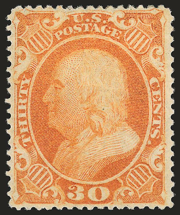 30c Orange (38).> Original gum, vibrant color, unusually choice centering with wide and balanced margins<><>^EXTREMELY FINE GEM. A BEAUTIFUL ORIGINAL-GUM EXAMPLE OF THE 30-CENT 1860 ISSUE WITH FRESH VIBRANT
COLOR. AN EXCEEDINGLY DIFFICULT STAMP TO