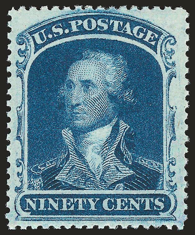 90c Blue (39). Pristine original gum in <Mint Never-Hinged> state, deep rich color, choice centering with wide and balanced margins<><>^EXTREMELY FINE GEM. A FANTASTICALLY RARE MINT NEVER-HINGED EXAMPLE OF THE
90-CENT 1860 ISSUE. THIS IS THE FIRST