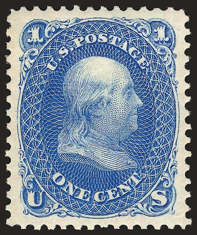 1c Blue, Re-Issue (102).> Original gum, lightly hinged, deep rich color on bright paper, perfectly centered with wide margins on all sides<><>^EXTREMELY FINE GEM. A SUPERB ORIGINAL-GUM EXAMPLE OF THE ONE-CENT
1861 RE-ISSUE IN THE FINEST CONDITION A