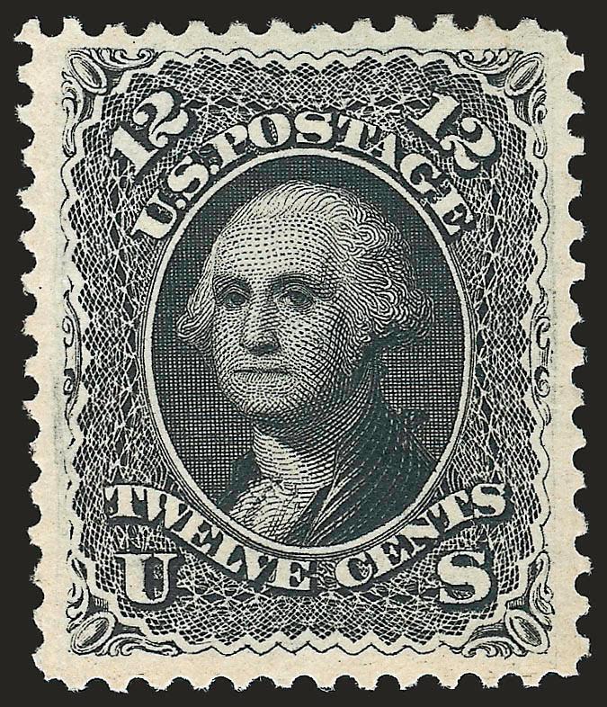 12c Black, Re-Issue (107).> Original gum, lightly hinged, intense shade and proof-like impression on bright paper, beautiful centering with unusually wide margins<><>^EXTREMELY FINE GEM. A BEAUTIFUL
ORIGINAL-GUM EXAMPLE OF THE 12-CENT 1861 RE-ISSUE