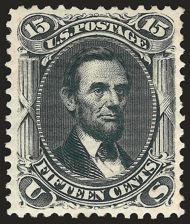 15c Black, Re-Issue (108).> Original gum, deep shade, choice centering with well-balanced margins<><>^EXTREMELY FINE ORIGINAL-GUM EXAMPLE OF THE 15-CENT 1866 RE-ISSUE.^<><>Only 397 examples of the 15c 1866
Re-Issue were sold in 1875. Collectors h