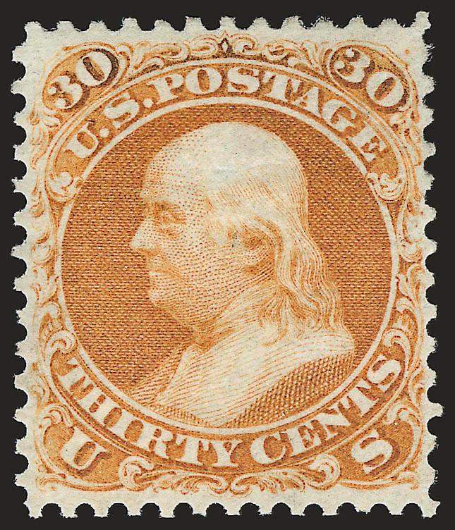 30c Brownish Orange, Re-Issue (110).> Original gum, vibrant color and detailed impression on bright paper, choice centering for this difficult issue<><>^EXTREMELY FINE FOR THIS ISSUE. A SUPERB ORIGINAL-GUM
EXAMPLE OF THE 30-CENT 1861 RE-ISSUE, WHIC