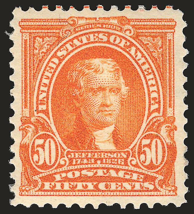 50c Orange (310).> Lightly hinged, vibrant color, choice centering with unusually wide margins, Extremely Fine, a beautiful stamp, with copy of 1986 P.F. certificate for block of four