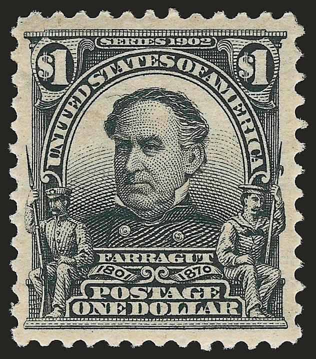 $1.00 Black (311).> Mint N.H., intense shade and proof-like impression, unusually choice centering with well-balanced margins<><>^EXTREMELY FINE. A  STUNNING MINT NEVER-HINGED EXAMPLE OF THE $1.00 1902
ISSUE.^<><>With 1997 P.F. and 2007 P.S.E. ce