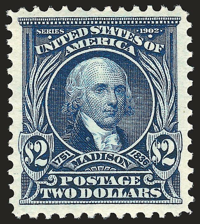 $2.00 Dark Blue (312).> Mint N.H., bright color on post office-fresh paper, unusually choice centering with wide margins<><>^EXTREMELY FINE. A BEAUTIFUL MINT NEVER-HINGED EXAMPLE OF THE $2.00 1902
ISSUE.^<><>With 2000 and 2007 P.F. certificates