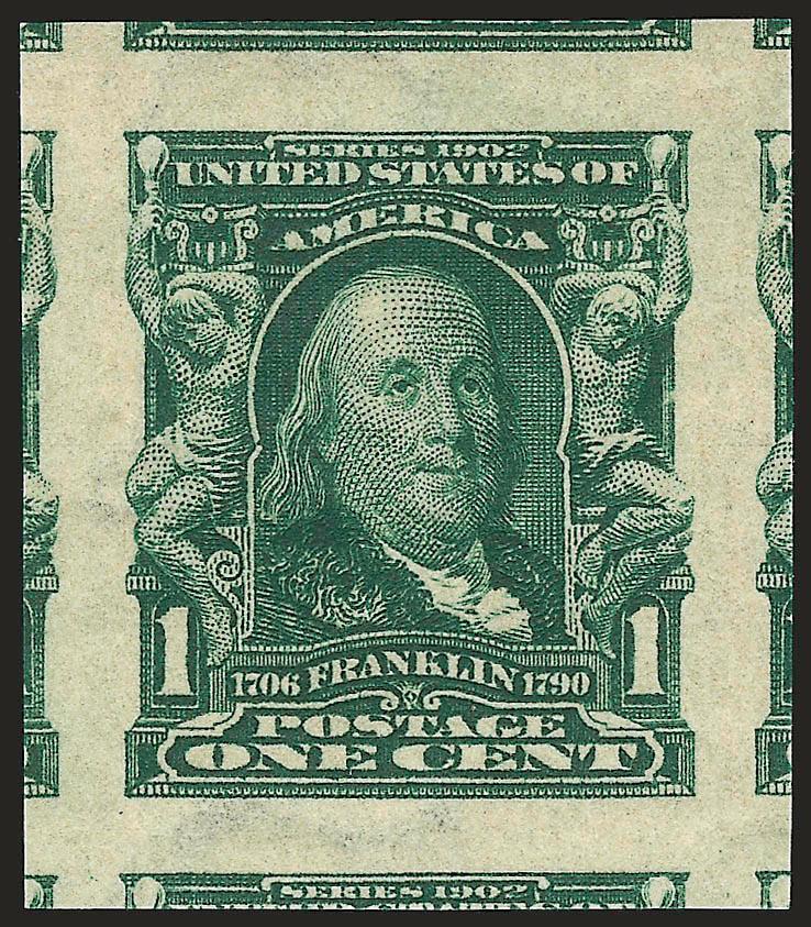 1c Blue Green, Imperforate (314).> Mint N.H., Jumbo margins showing part of all adjoining stamps, intense shade, Extremely Fine Gem, destined for a very high grade