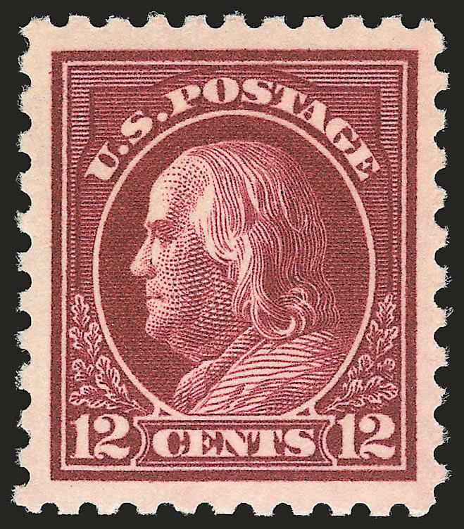 12c Copper Red (435a).> Mint N.H., brilliant color on bright paper, magnificent centering with Jumbo margins, Extremely Fine Gem, a huge stamp, with 1998 P.F. and 2007 P.S.E. certificates (XF-Superb 95 Jumbo
SMQ $940.00 as 95, $2,900.00 as 98), this
