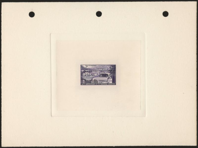 3c Trucking, Large Die Proof on India (1025P1).> On 204 x 152mm card with full die sinkage, three punch holes at top, purple Engravers Stock Proof, Authorized by and signed, blue 130090B control No. backstamp,
fresh and Very Fine, scarce