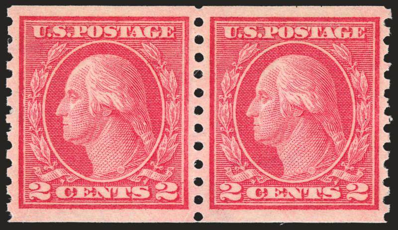 2c Red, Ty. II, Coil (454).> Mint N.H. pair, vivid color, well-balanced margins, fresh and Extremely Fine, a pretty pair, with 2004 P.F. certificate