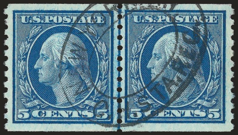 5c Blue, Coil (458).> Used <joint line pair,> neat double oval registry cancel, essentially perfectly centered and with Jumbo margins, Extremely Fine Gem, with 2003 P.F. and 2007 P.S.E. certificates (XF-Superb
95 Jumbo SMQ $1,000.00 as 95, unpriced