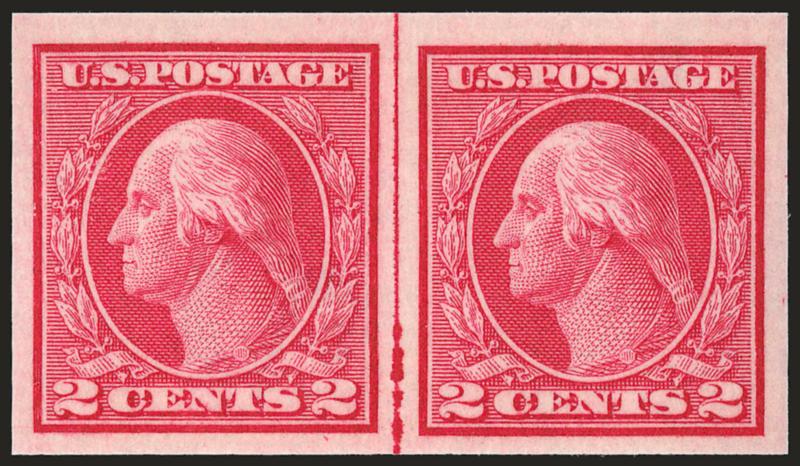 2c Carmine, Ty. I, Imperforate Coil (459).> Mint N.H. joint line pair <without customary crease between stamps,> Extremely Fine, with 2005 P.F. certificate (XF 90 SMQ $2,100.00)