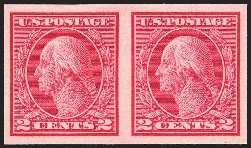 2c Carmine, Ty. I, Imperforate Coil (459).> Mint N.H. pair, very large balanced margins, fresh and bright, Extremely Fine Gem, with 2005 P.S.E. certificate (Superb 98 SMQ $1,000.00)