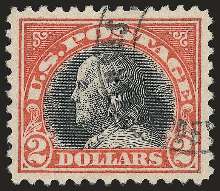 $2.00 Orange Red & Black (523).> Neatly cancelled, rich colors, essentially perfectly centered, Extremely Fine Gem, with 2007 P.S.E. certificate (XF-Superb 95 SMQ $1,000.00), this is one of two used examples in
this grade, there are only three grade