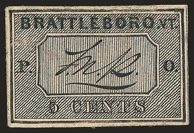 Brattleboro Vt., 5c Black on Buff (5X1).> Position 1, large margins with complete guideline at right, light red pen mark at upper left, proof-like impression, thin spots<><>^VERY FINE APPEARANCE. THE CONDITION
OF THIS STAMP IS FAR SUPERIOR TO MANY