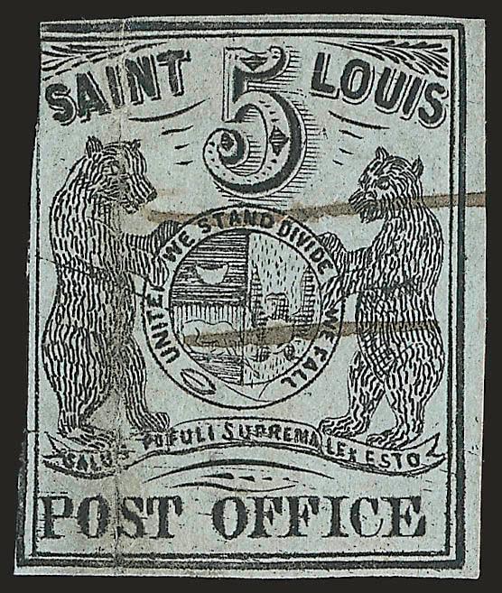 St. Louis Mo., 5c Black on Greenish (11X1).> Type I, Position 1, three clear to large margins, just clear to slightly in at left, neat ms. cancel, heavy vertical crease, appears Very Good