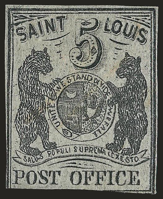 St. Louis Mo., 5c Black on Gray Lilac (11X4).> Type III, Position 5, three ample margins, in at bottom, faint or lightened ms. cancel<><>^VERY GOOD. A RARE EXAMPLE OF THE 5-CENT ST. LOUIS POSTMASTERS PROVISIONAL
ISSUE ON GRAY LILAC PAPER.^<><>Th