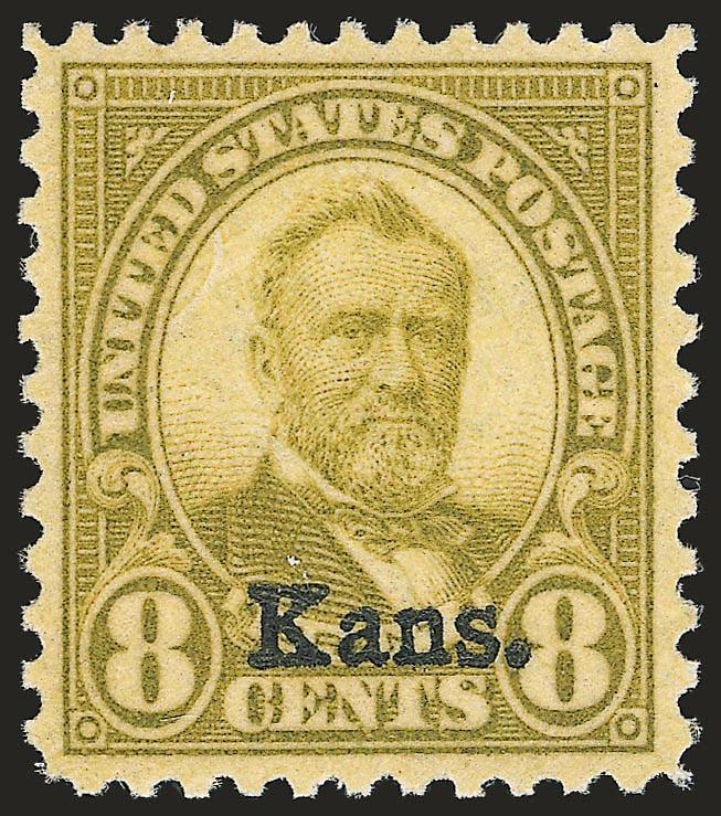 8c Kans. Ovpt. (666).> Mint N.H., wider margins that typically encountered, exceptionally well-centered as well, bright color, Extremely Fine Gem, with 2007 P.S.E. certificate (XF-Superb 95 SMQ
$1,050.00)