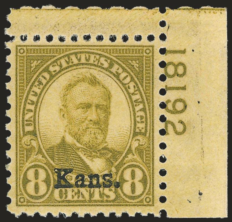 8c Kans. Ovpt. (666).> Mint N.H. with top right <plate no. 18192> selvage, choice margins and almost perfectly centered, Extremely Fine, with 2007 P.F. certificate (XF 90 SMQ $385.00)
