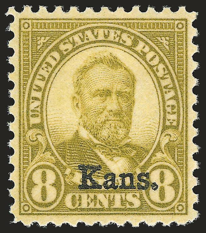 8c Kans. Ovpt. (666).> Mint N.H., beautifully centered, fresh, vivid color, Extremely Fine, with 2007 P.S.E. certificate (XF 90 SMQ $385.00)