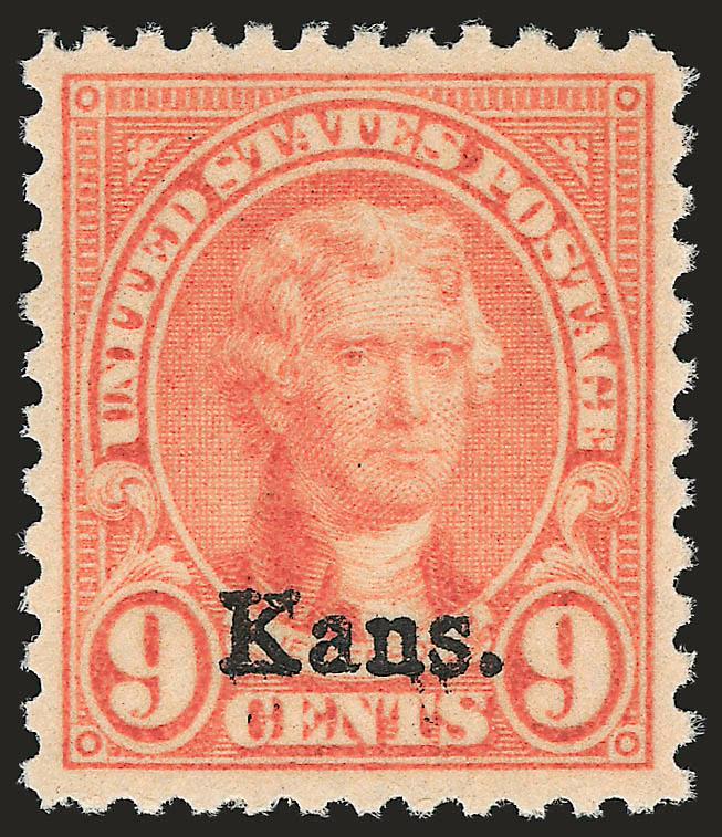 9c Kans. Ovpt. (667).> Mint N.H., essentially perfectly centered, lovely bright color, Extremely Fine Gem, with 2007 P.S.E. certificate (XF-Superb 95 SMQ $340.00)