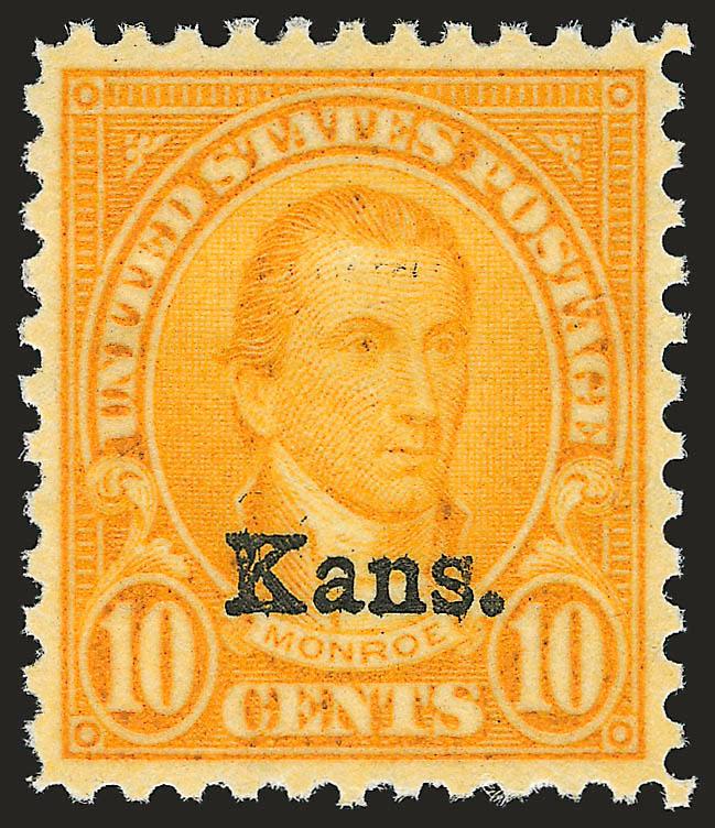 10c Kans. Ovpt. (668).> Mint N.H., magnificent centering, crisp and bright, Extremely Fine Gem, with 2007 P.S.E. certificate (XF-Superb 95 SMQ $510.00)