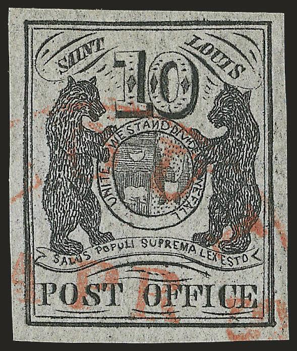 St. Louis Mo., 10c Black on Gray Lilac (11X5).> Type I, Position 2, large even margins all around, <cancelled solely by red St. Louis circular datestamp,> bright and fresh<><>^EXTREMELY FINE. A SUPERB EXAMPLE OF
THE 10-CENT ST. LOUIS POSTMASTERS P