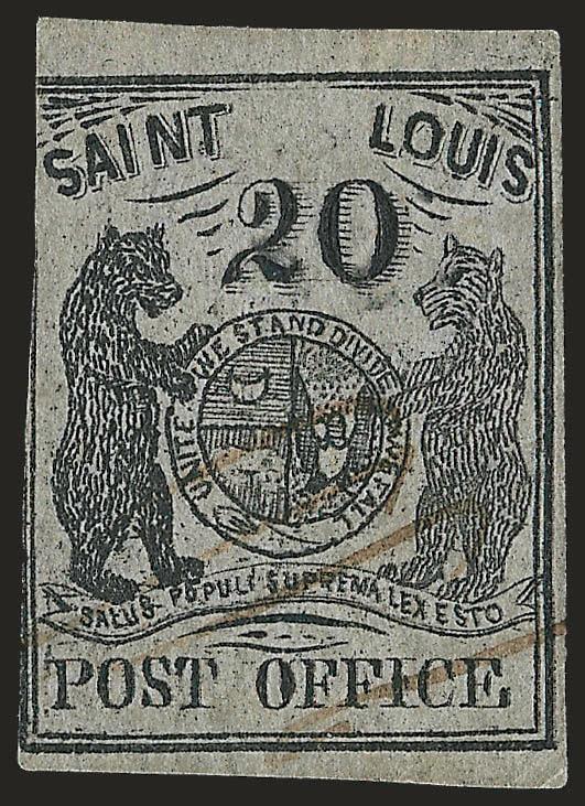 St. Louis Mo., 20c Black on Gray Lilac (11X6).> Type II, Position 3, three ample to huge margins, in at left, light diagonal ms. pen stroke cancels<><>^VERY GOOD. A RARE EXAMPLE OF THE 20-CENT ST. LOUIS
POSTMASTERS PROVISIONAL ON GRAY LILAC PAPER.