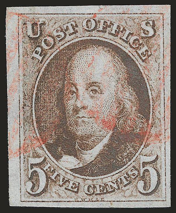 5c Red Brown (1).> Large to huge margins, wonderful dark shade and clear impression, light red grid cancels, Extremely Fine, with 2001 A.P.S. and 2006 P.F. certificates (XF 90 SMQ $960.00)