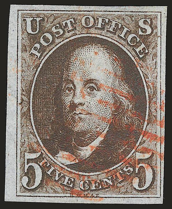 5c Dark Brown (1a).> Large margins to full, deep rich color on bright paper, red New York square grid cancel, Very Fine and choice, a stunning stamp