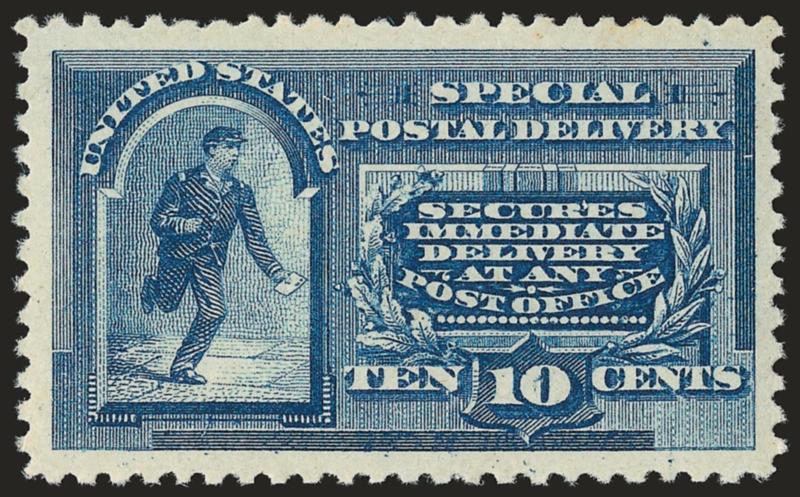 10c Blue, Special Delivery (E2).> Mint N.H., exceptionally wide margins and nearly perfectly centered, lovely bright color on crisp paper<><>^EXTREMELY FINE. A MARVELOUS MINT NEVER-HINGED EXAMPLE OF THE SECOND
SPECIAL DELIVERY ISSUE OF 1888.^<><>