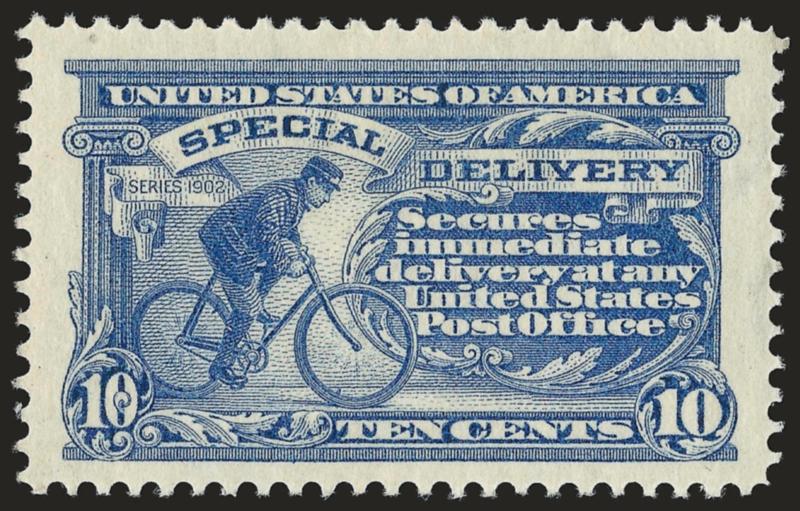10c Ultramarine, Special Delivery (E8).> Mint N.H., surprisingly large Jumbo margins, lovely color, Extremely Fine, with 2007 P.S.E. certificate (XF 90 Jumbo SMQ $580.00 as 90, $1,400.00 as 95)