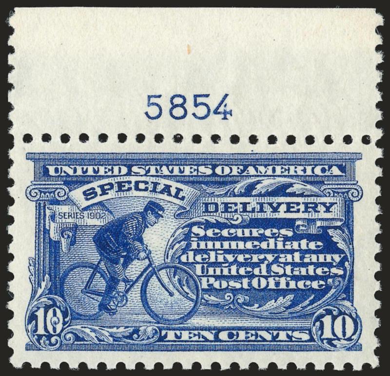 10c Ultramarine (E9).> Mint N.H. with <plate no. 5854 at top,> intense color on bright paper, choice centering with extra wide margins<><>^FRESH AND EXTREMELY FINE GEM. A SUPERB EXAMPLE OF THIS SPECIAL DELIVERY
ISSUE.^<><>With 1994 P.F. certifica