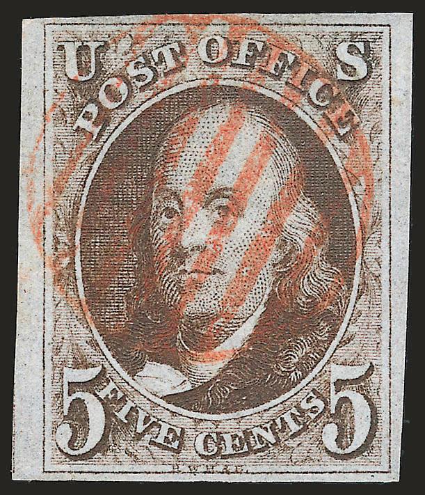 5c Brown (1).> Ample to huge margins, wonderful deep rich color, sharp impression, neat red grid cancel, Very Fine and choice, ex Neinken