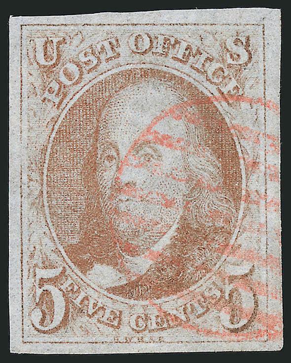 5c Pale Brown (1).> Large margins, red grid cancel, Very Fine and choice, with 2007 P.S.E. certificate