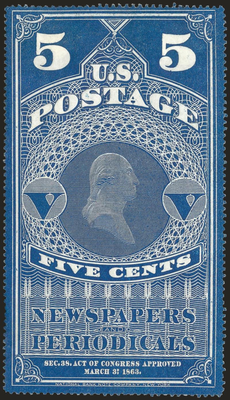 5c Dark Blue, Colored Border (PR1).> Without gum as issued, Very Fine, also incl Nos. PR5-PR7 without gum as issued, each with s.e. top or bottom (trimmed or natural) and two with minor faults