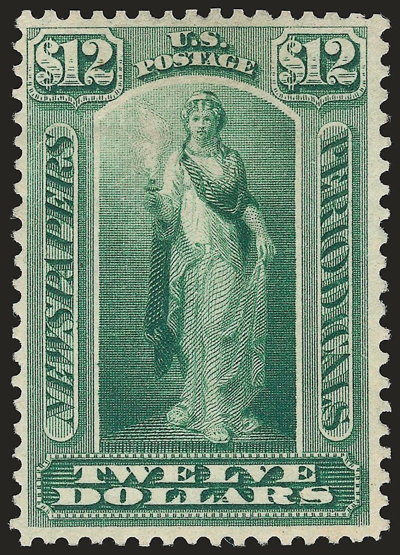 $12.00 Blue Green, 1875 Issue (PR28).> Unused (no gum), small thin spot and faint crease, reperfed at top, Fine appearance