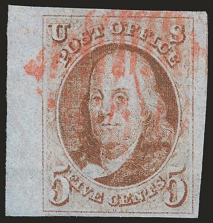 5c Red Brown (1).> Large to huge margins incl. <sheet margin> at left, bright shade, neat New York red square grid cancel, small tear at bottom, appears Very Fine