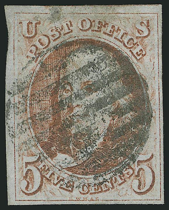 5c Red Brown (1).> Large margins to clear, bold strike of <black grid> cancel, small pinhole thin at top, otherwise Very Fine