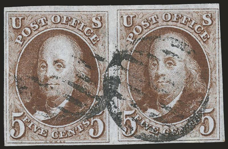 5c Red Brown (1).> Horizontal pair with <stitch watermark,> large margins to clear, bold strikes of <black grid> cancels, fresh and Very Fine, with 1985 P.F. certificate as Dark Brown shade (not quite dark
enough in our opinion)