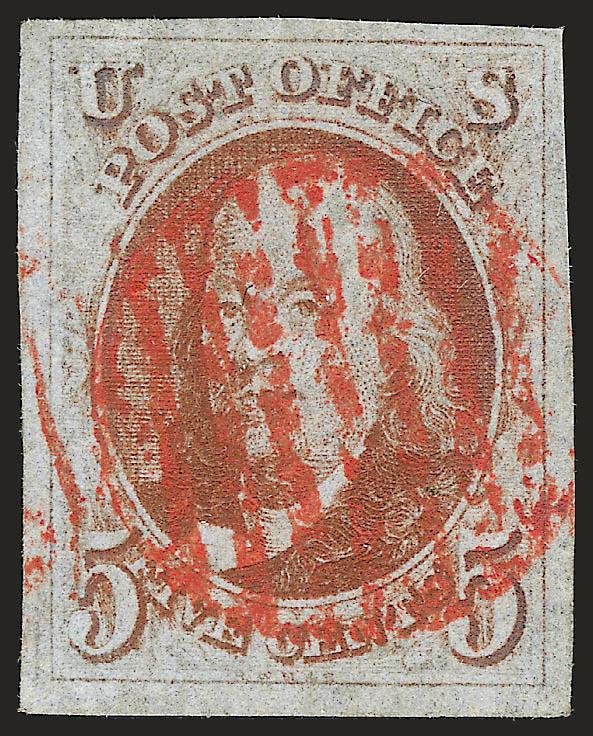 5c Orange Brown (1b).> Large even margins, bright color nicely complemented by vivid red grid cancel, fresh and Extremely Fine, a beautiful stamp, with 1996 P.F. and 2005 P.S.E. certificates