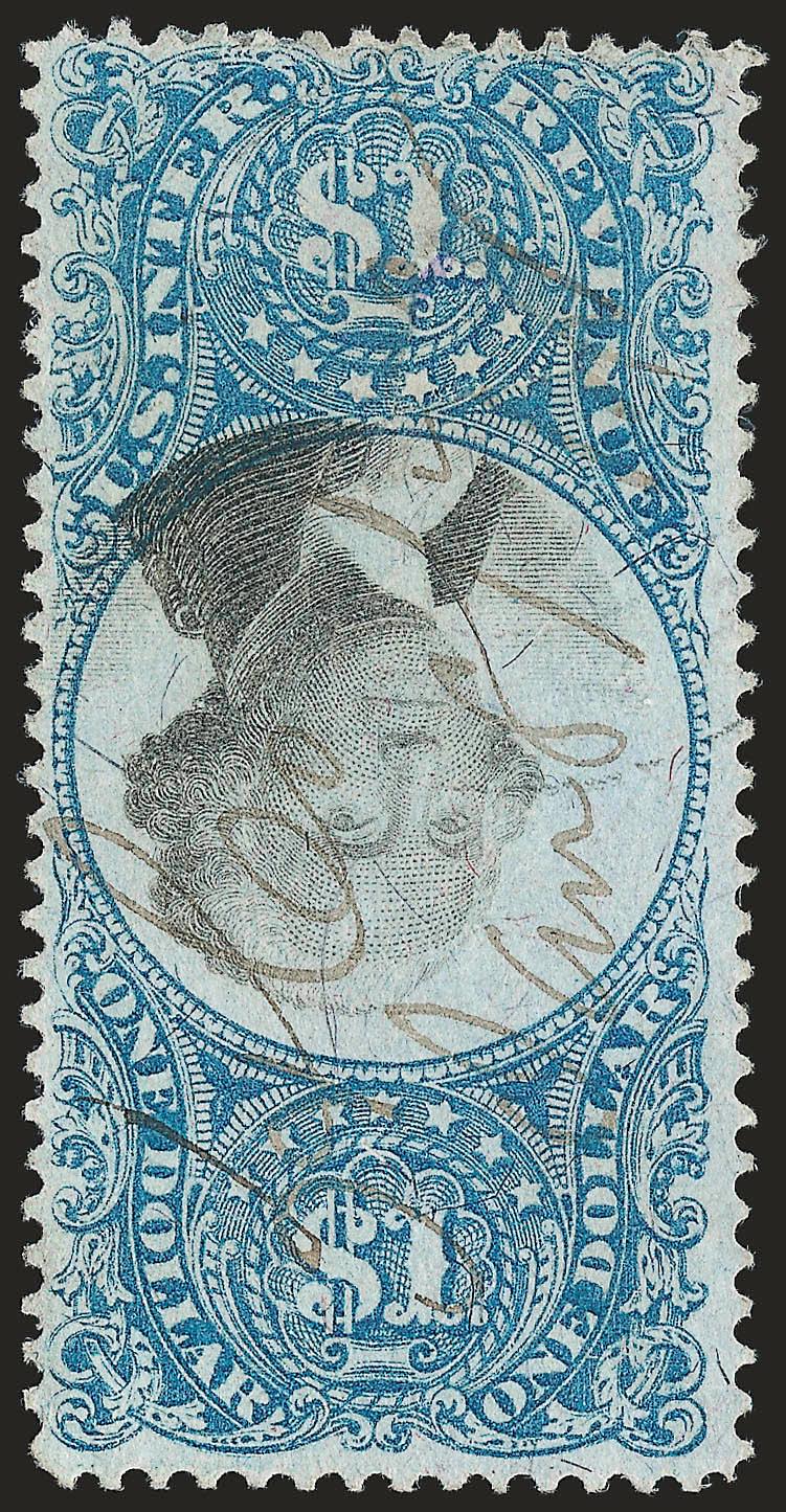 $1.00 Blue & Black, Inverted Center (R118a).> Attractively centered, light ms. and filled punch cancels, Very Fine appearance