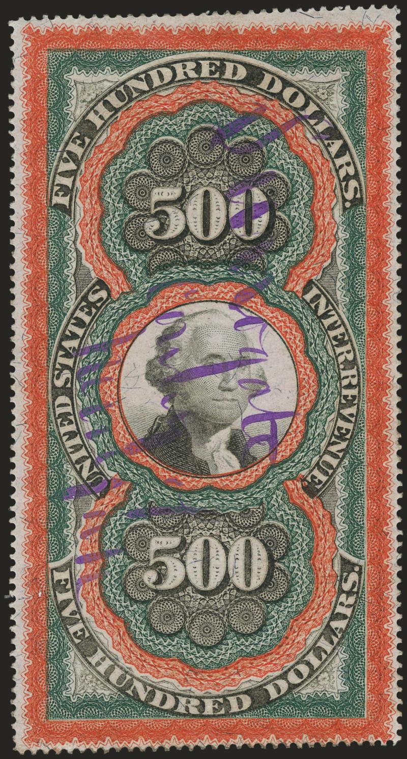 $500.00 Red Orange, Green & Black, Second Issue, Large Persian Rug (R133).> Choice centering with mostly wide margins, deep rich colors and detailed impressions, blue J. Wingate, (Jany 1?), New York and
embossed New York Surrogates Seal, <almost