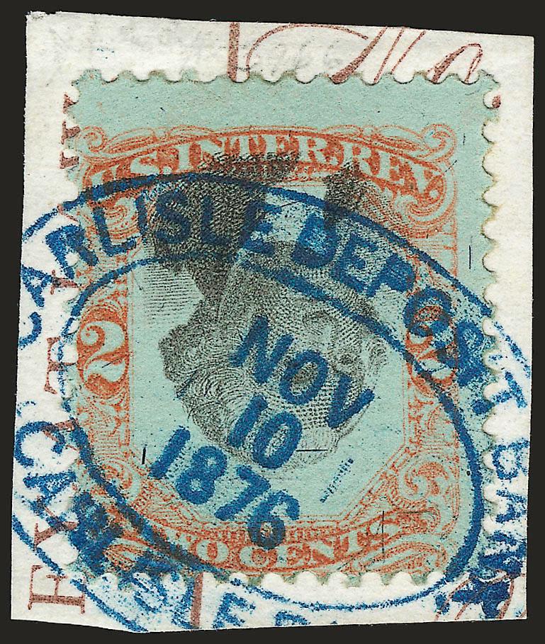 2c Orange & Black, 2c Orange & Black on Green, Inverted Centers (R135b, R151a).> Former 1873 ms. cancel, latter tied on small piece by blue 1876 double-oval datestamp, Very Good-Fine