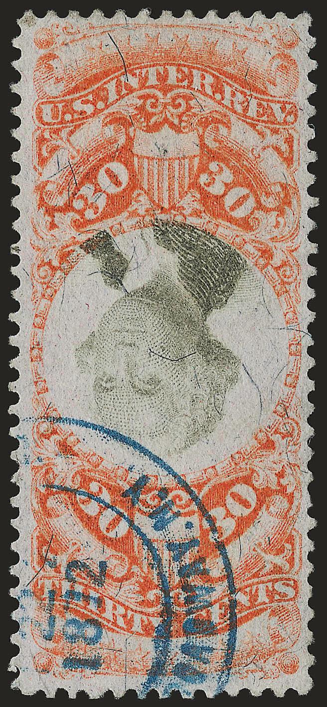 30c Orange & Black, Third Issue, Inverted Center (R140a).> Unusually choice centering, vibrant colors, neat strike of blue 1872 cancel leaving inverted vignette clearly visible<><>^EXTREMELY FINE GEM. A
BEAUTIFUL AND RARE SOUND EXAMPLE OF THE 30-CE