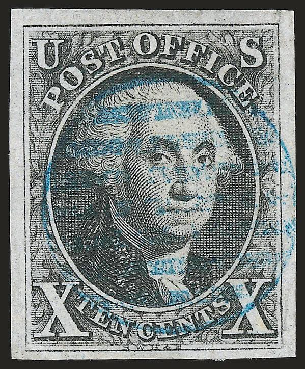 10c Black (2).> Position 10L, large margins, bright shade, well-struck <blue grid,> tiny thin spot at top, appears Very Fine