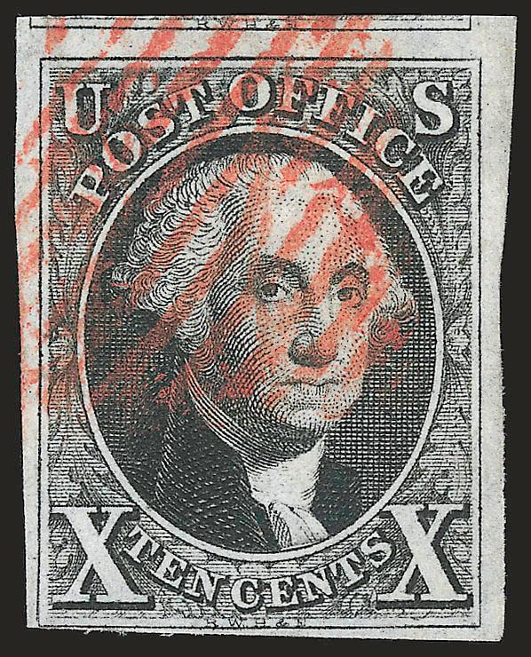 10c Black (2).> Huge margins to just clear incl. part of adjoining stamp at top, bright shade, red New York square grid cancel, Fine