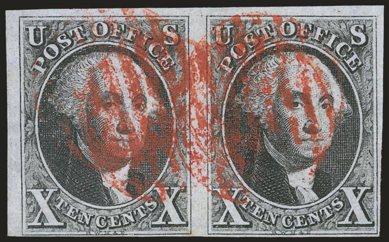 10c Black (2).> Horizontal pair, large margins to clear, unusually bright shade and detailed impression, deep red grid cancels, trace of ms. at bottom, Fine-Very Fine