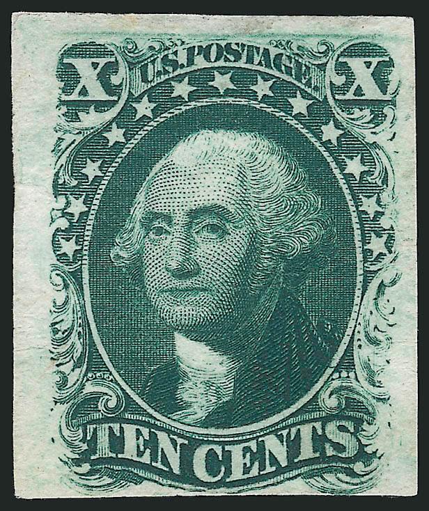 10c Green, Ty. V, Plate Proof on India (35P3).> Large margins to just touched at bottom, intense color on bright paper, light natural paper wrinkle as often found on this fragile paper, Fine, with 2006 P.S.E.
certificate
