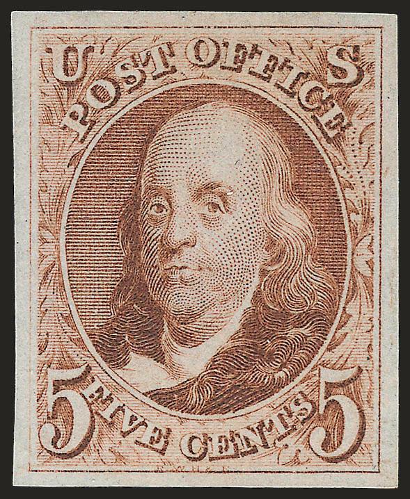 5c Red Brown, Reproduction (3).> Without gum as issued, beautiful large margins and bright color, sharp impression, Extremely Fine Gem, with 1982 P.F. and 2007 P.S.E. certificates (XF-Superb 95 SMQ $1,550.00), a
surprisingly difficult issue to find